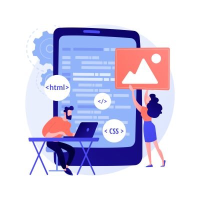 Mobile application development. Programming languages. CSS, HTML, IT, UI. Male programmeer cartoon character developing website, coding. Vector isolated concept metaphor illustration