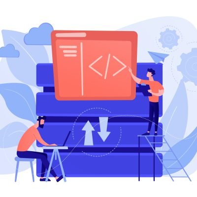 Two developers working with big data technology. Big data management and storage, database analytics and design, data software engineering concept. Vector isolated illustration.